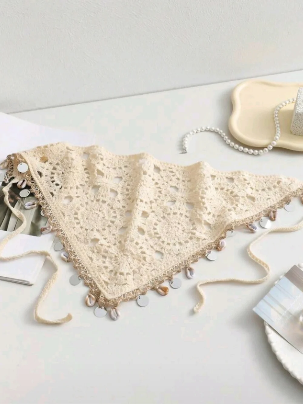 Crochet Cream Cowries Shell Silvertone Accents Boho Bandana Hair Scarf Beach